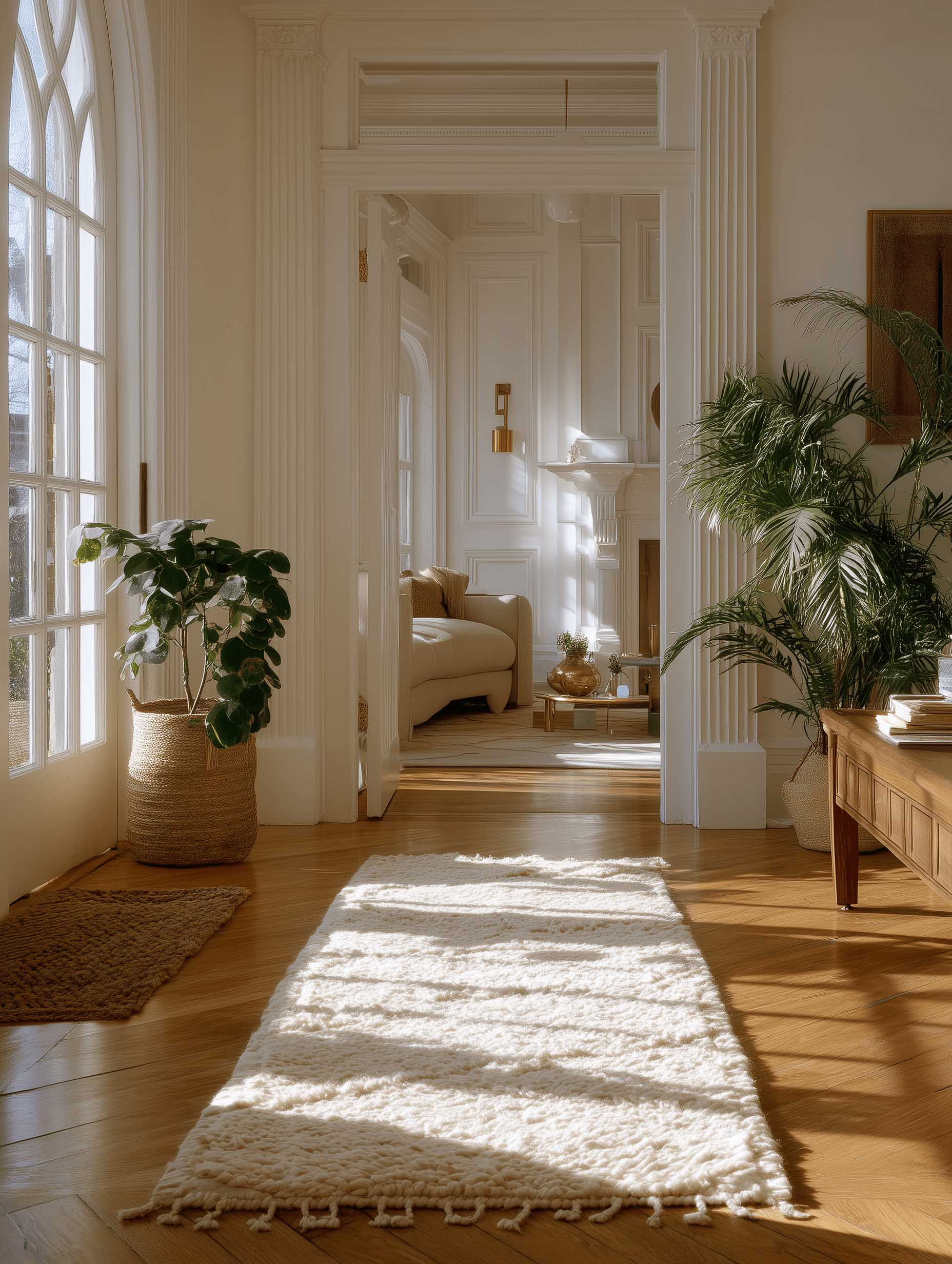 Beige Beni Ourain runner displayed in a hallway