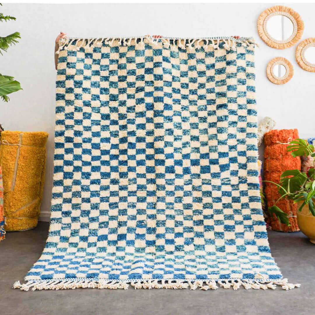 Checkered blue rugs, Hand made on sale rugs