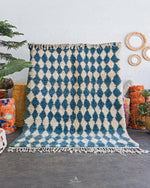 Blue Checkered Moroccan Rug 3 X 5 Ft | 90 X 150 Cm / With Tassels / Short (0.4” / 1 cm)