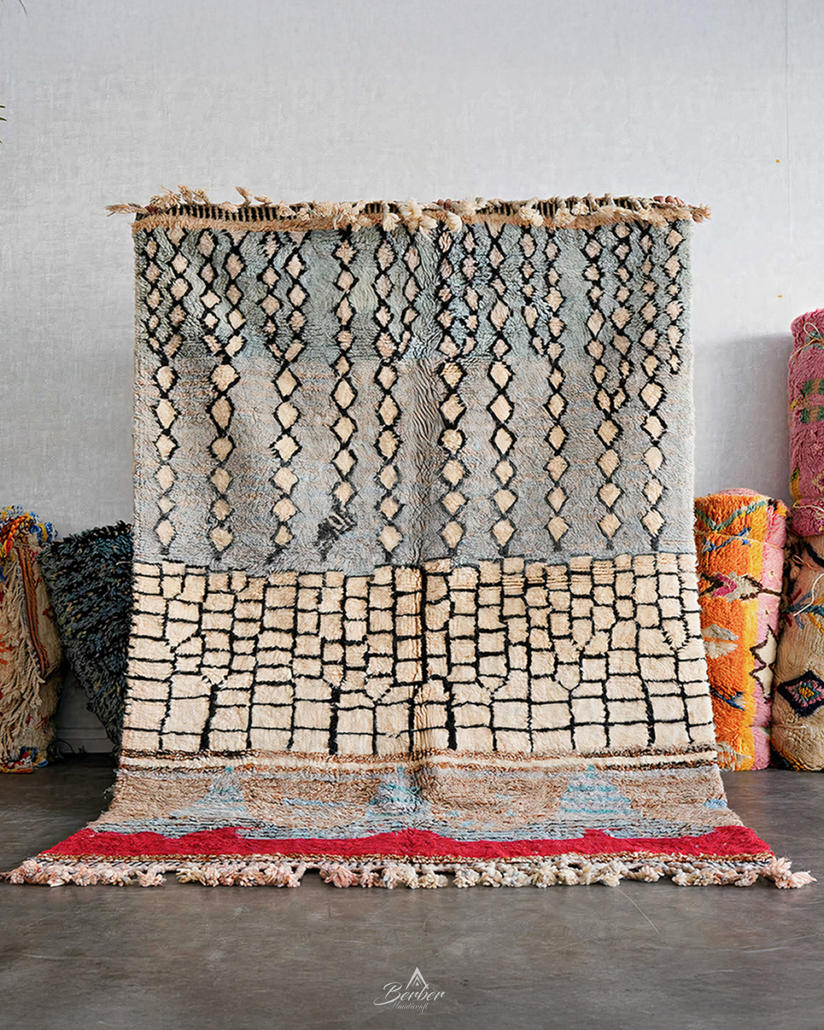 Blue Tribal Rug 3 X 5 Ft | 90 X 150 Cm / With Tassels / Short (0.4” / 1 cm)