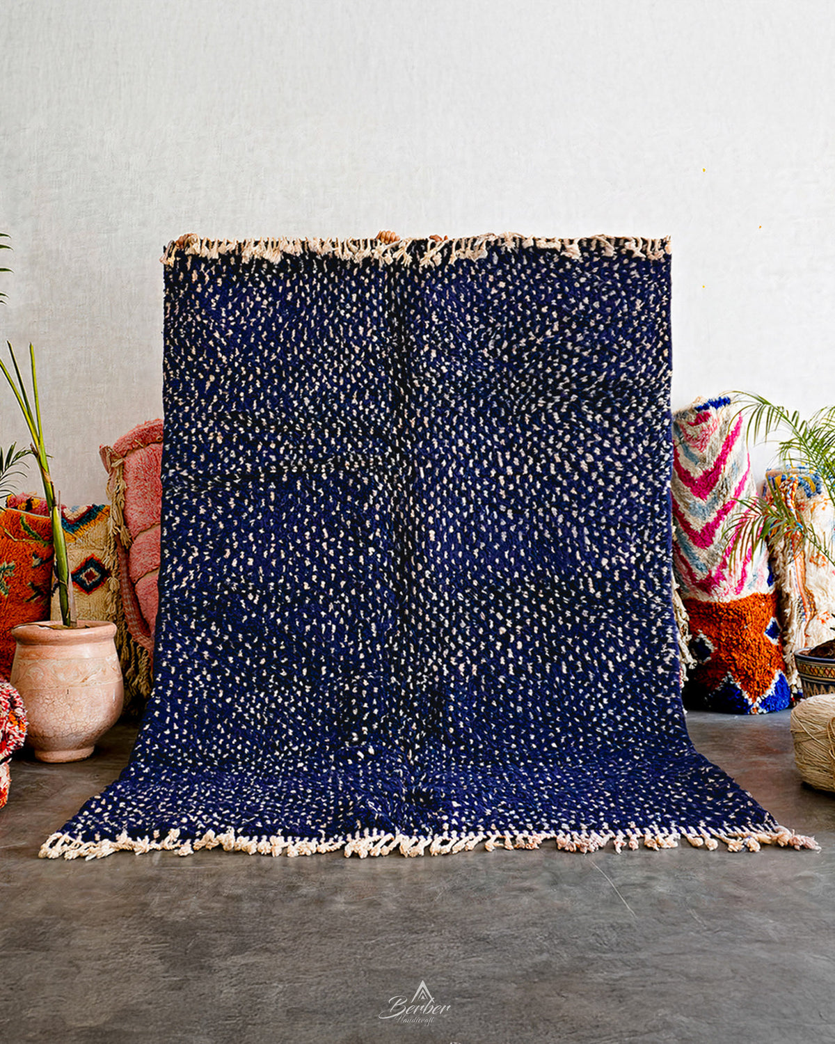 Blue Dotted Berber Rug 3 X 5 Ft | 90 X 150 Cm / With Tassels / Short (0.4” / 1 cm)