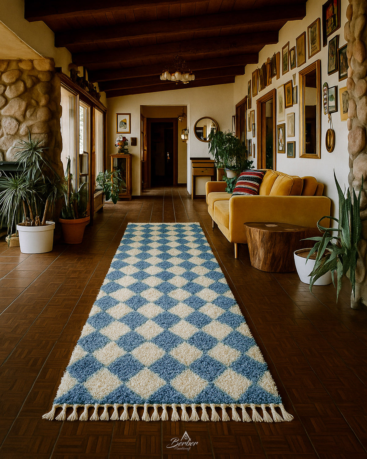 Blue Checkered Runner 2 X 6 Ft | 60 X 180 Cm / With Tassels / Short (0.4” / 1 cm)