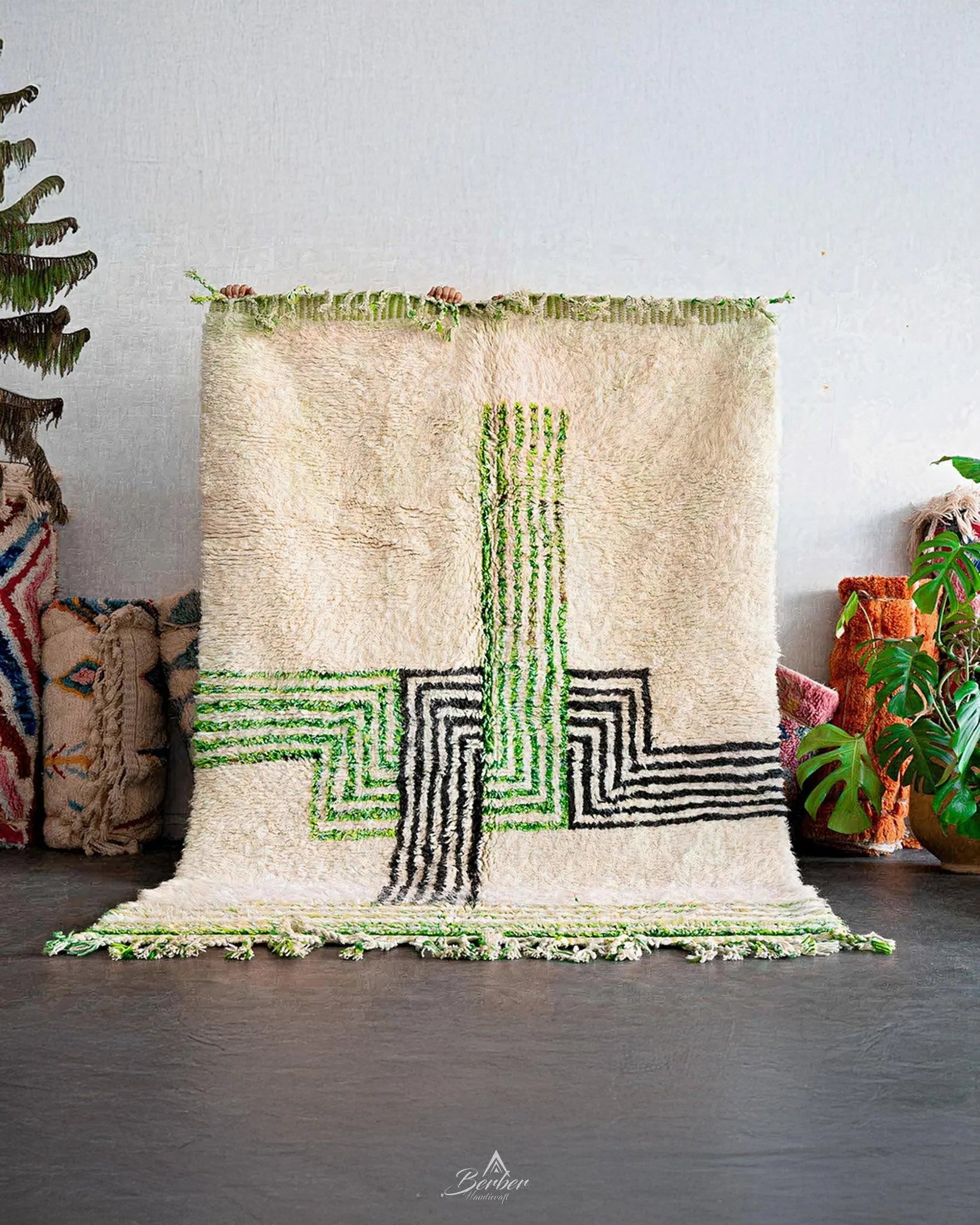 Bohemian Green Rug 3 X 5 Ft | 90 X 150 Cm / With Tassels / Short (0.4” / 1 cm)