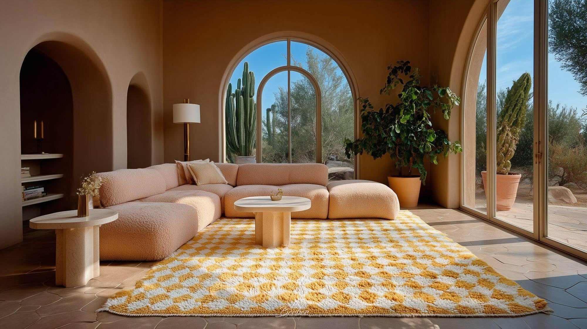 Modern living room with a beige sectional sofa, yellow checkered moroccan rug, and large windows overlooking desert scenery.
