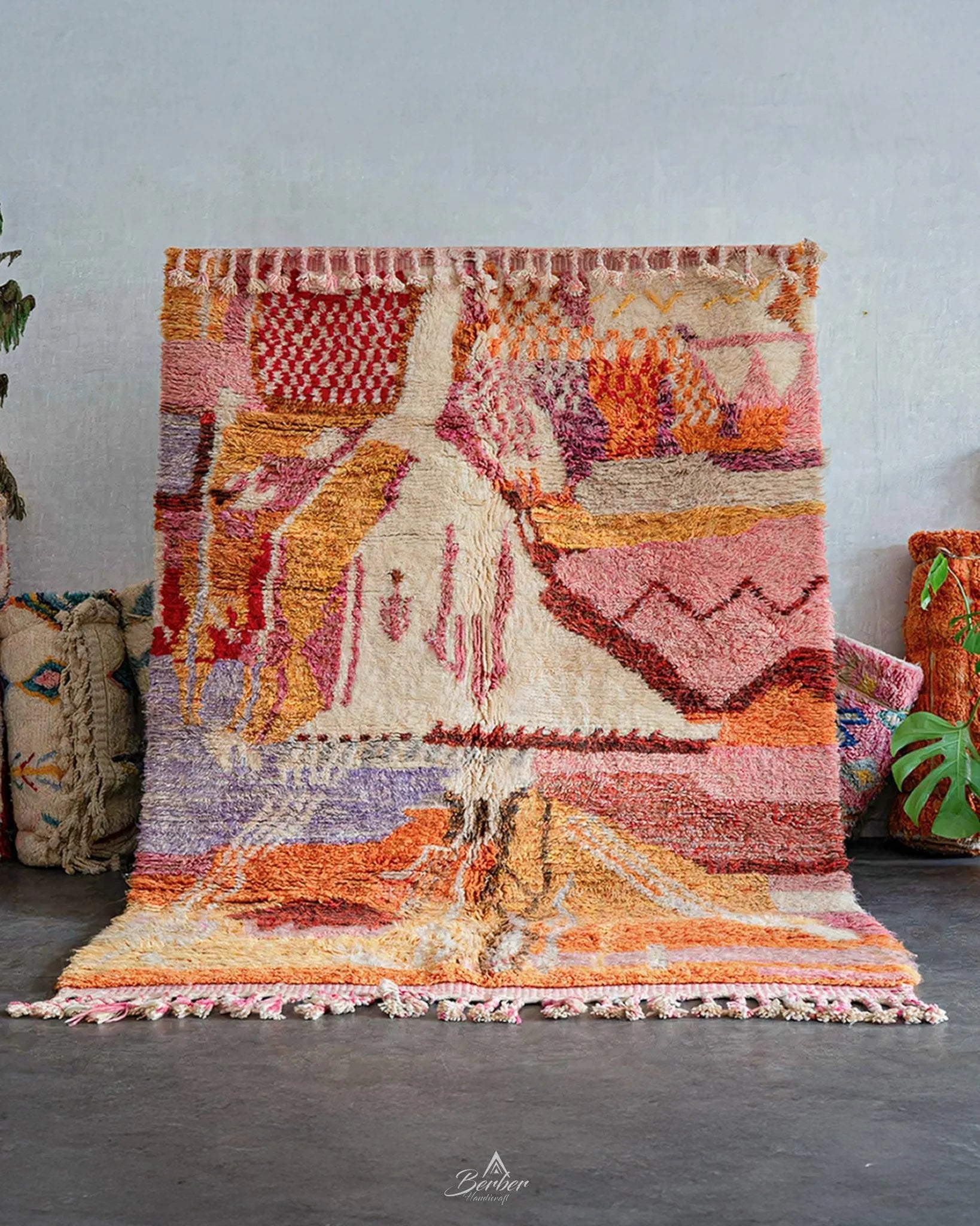 Colorful Moroccan Rug 3 X 5 Ft | 90 X 150 Cm / With Tassels / Short (0.4” / 1 cm)