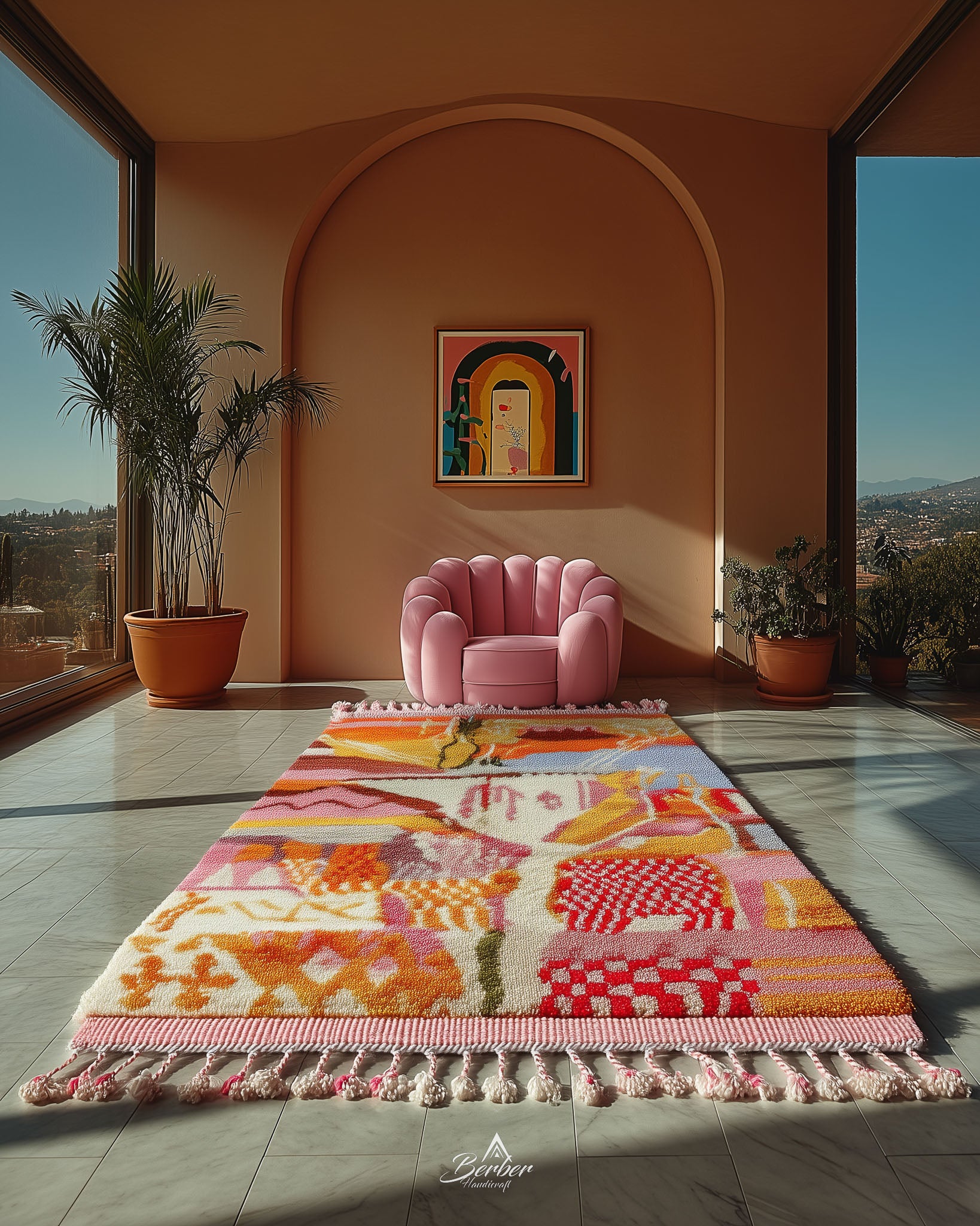 Pink armchair on a colorful moroccan rug in a sunlit room with plants and a painting.