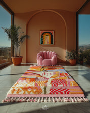 Pink armchair on a colorful moroccan rug in a sunlit room with plants and a painting.