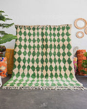 Green Checkered Moroccan Rug 3 X 5 Ft | 90 X 150 Cm / With Tassels / Short (0.4” / 1 cm)
