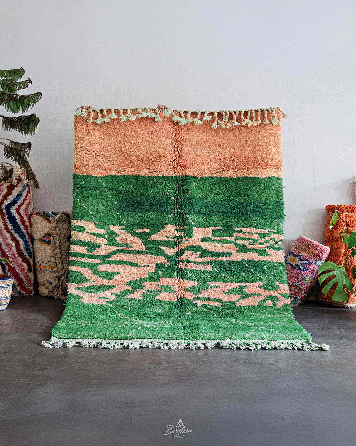 Green Pink Wool Rug 3 X 5 Ft | 90 X 150 Cm / With Tassels / Short (0.4” / 1 cm)