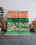 Green Pink Wool Rug 3 X 5 Ft | 90 X 150 Cm / With Tassels / Short (0.4” / 1 cm)
