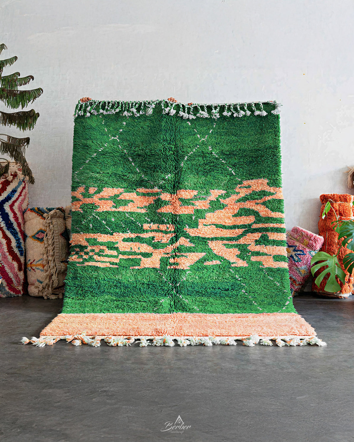 Green Pink Wool Rug 3 X 5 Ft | 90 X 150 Cm / With Tassels / Short (0.4” / 1 cm)