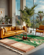 Green Pink Wool Rug 3 X 5 Ft | 90 X 150 Cm / With Tassels / Short (0.4” / 1 cm)