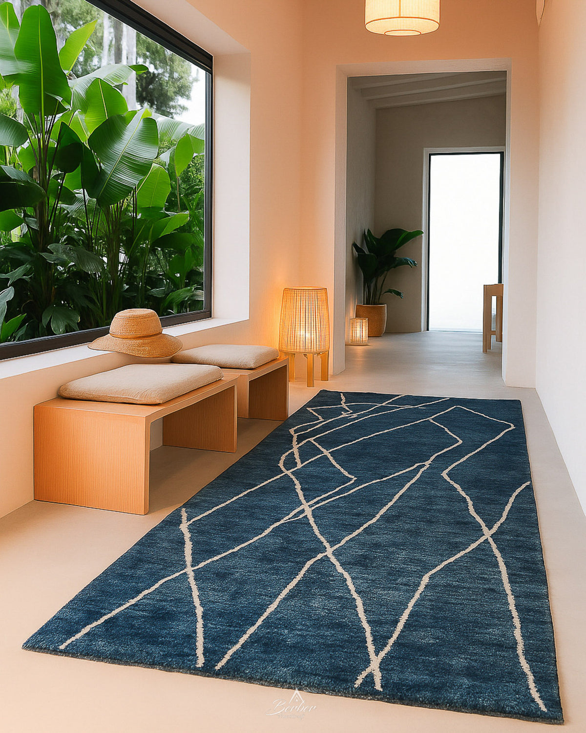 Blue Abstract Moroccan Rug 3 X 5 Ft | 90 X 150 Cm / With Tassels / Short (0.4” / 1 cm)