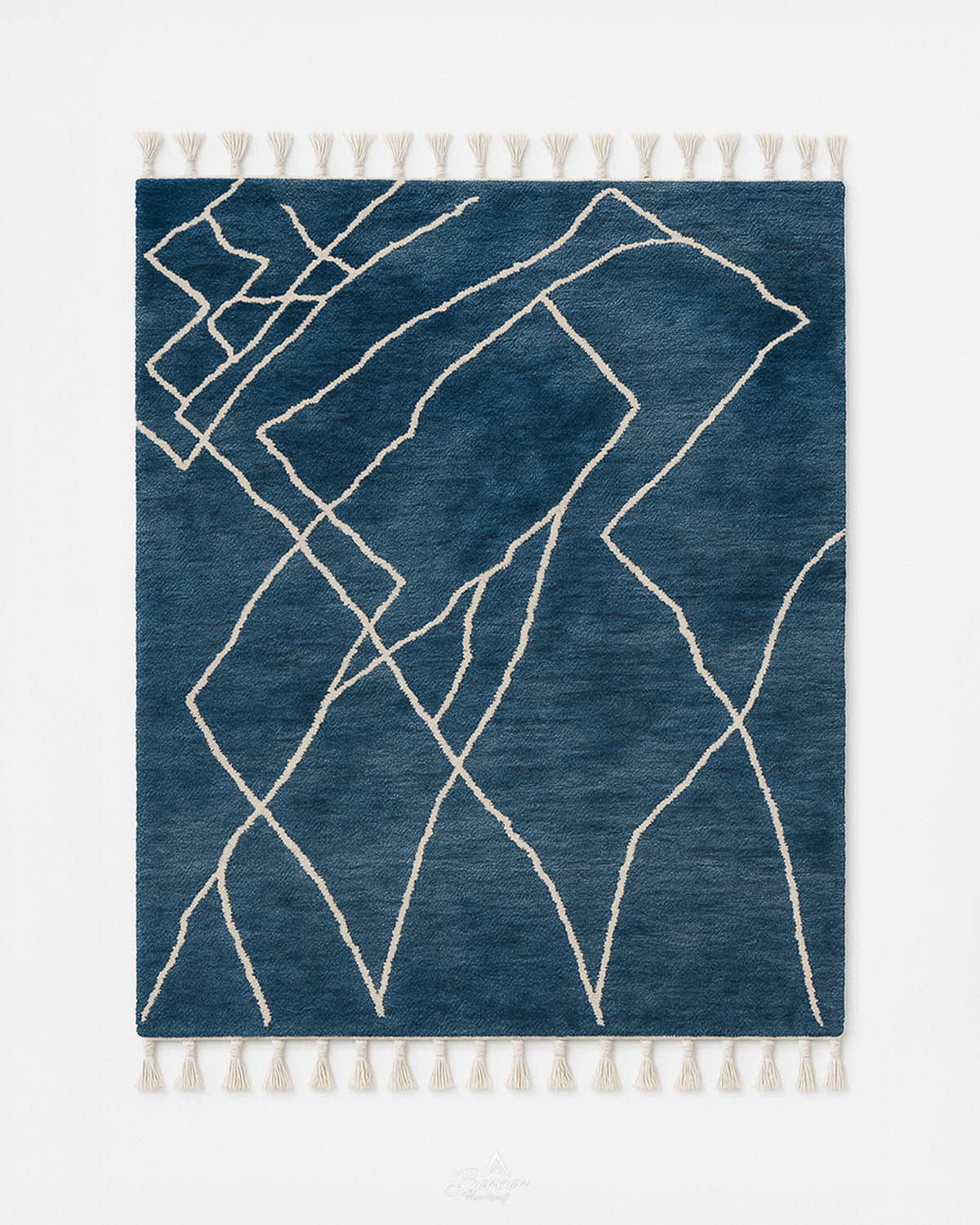 Blue Abstract Moroccan Rug 3 X 5 Ft | 90 X 150 Cm / With Tassels / Short (0.4” / 1 cm)