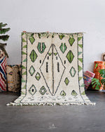 White and Green Azilal Rug 3 X 5 Ft | 90 X 150 Cm / With Tassels / Short (0.4” / 1 cm)