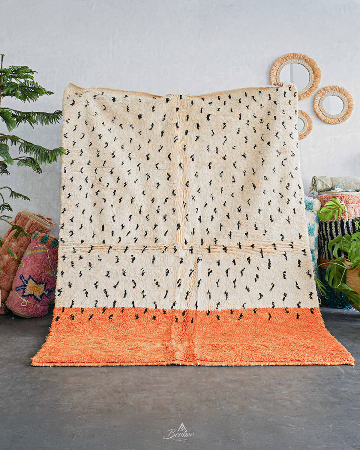 Orange and White Dotted Rug 3 X 5 Ft | 90 X 150 Cm / With Tassels / Short (0.4” / 1 cm)