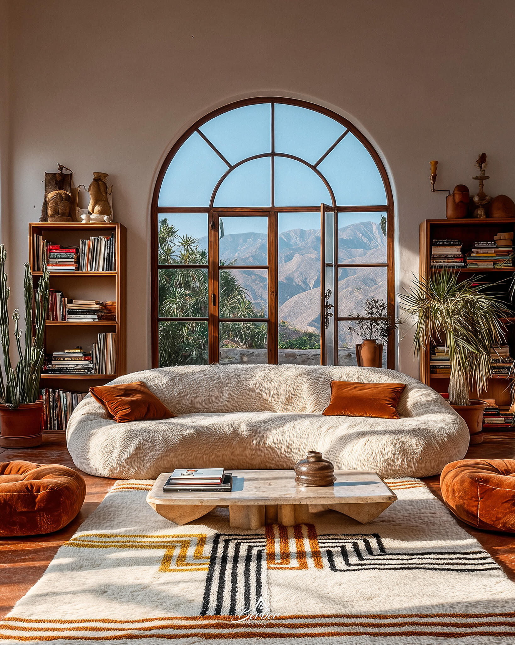 Modern living room with a large sofa, striped orange Moroccan rug, coffee table, and bookshelves with a scenic window view.