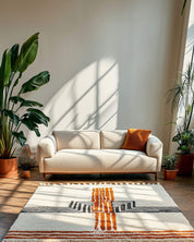 Beige sofa with orange pillow on a striped orange Moroccan rug in a sunlit room with plants.