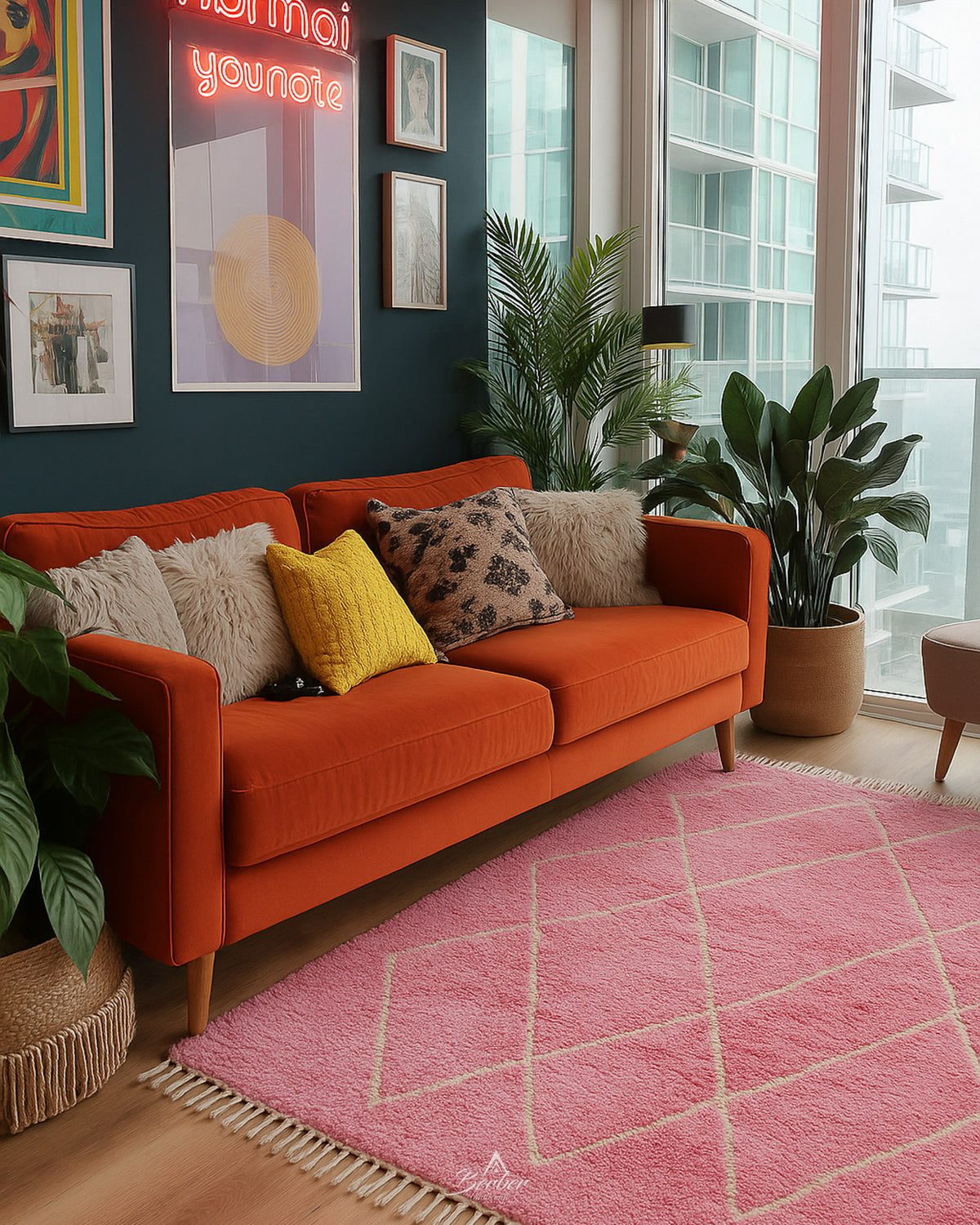 Pink Beni Rug 3 X 5 Ft | 90 X 150 Cm / With Tassels / Short (0.4” / 1 cm)