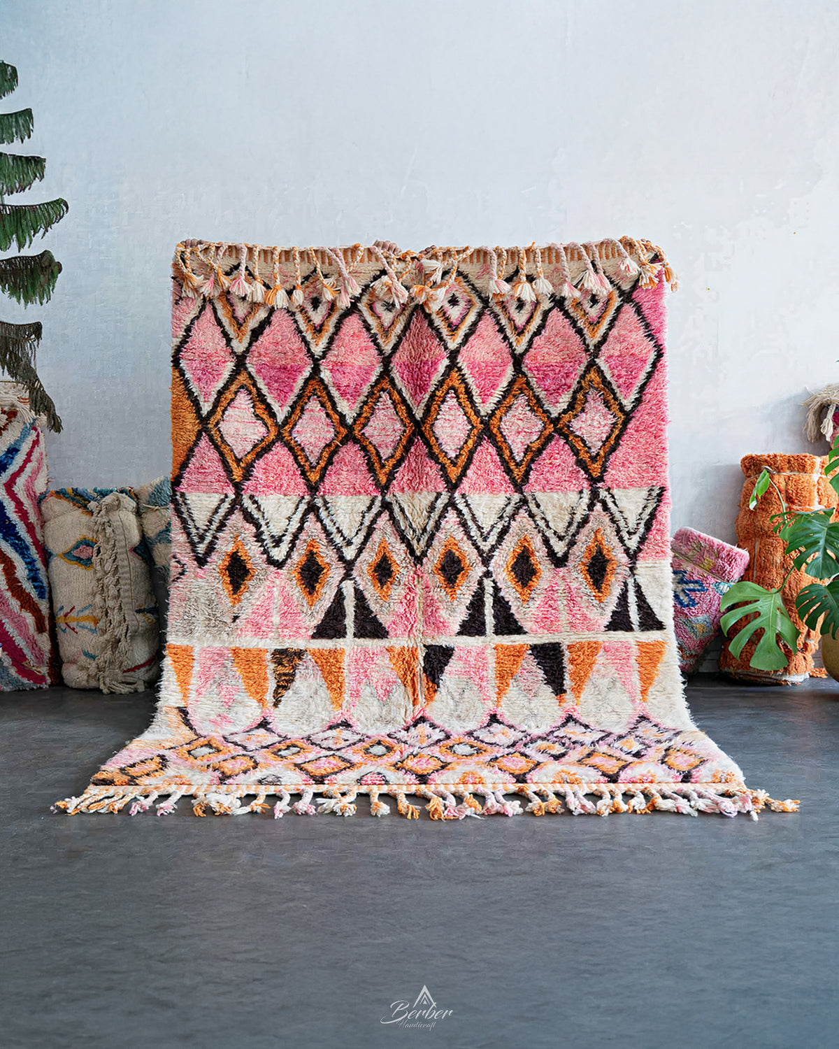 Pink Boujaad Rug 3 X 5 Ft | 90 X 150 Cm / With Tassels / Short (0.4” / 1 cm)