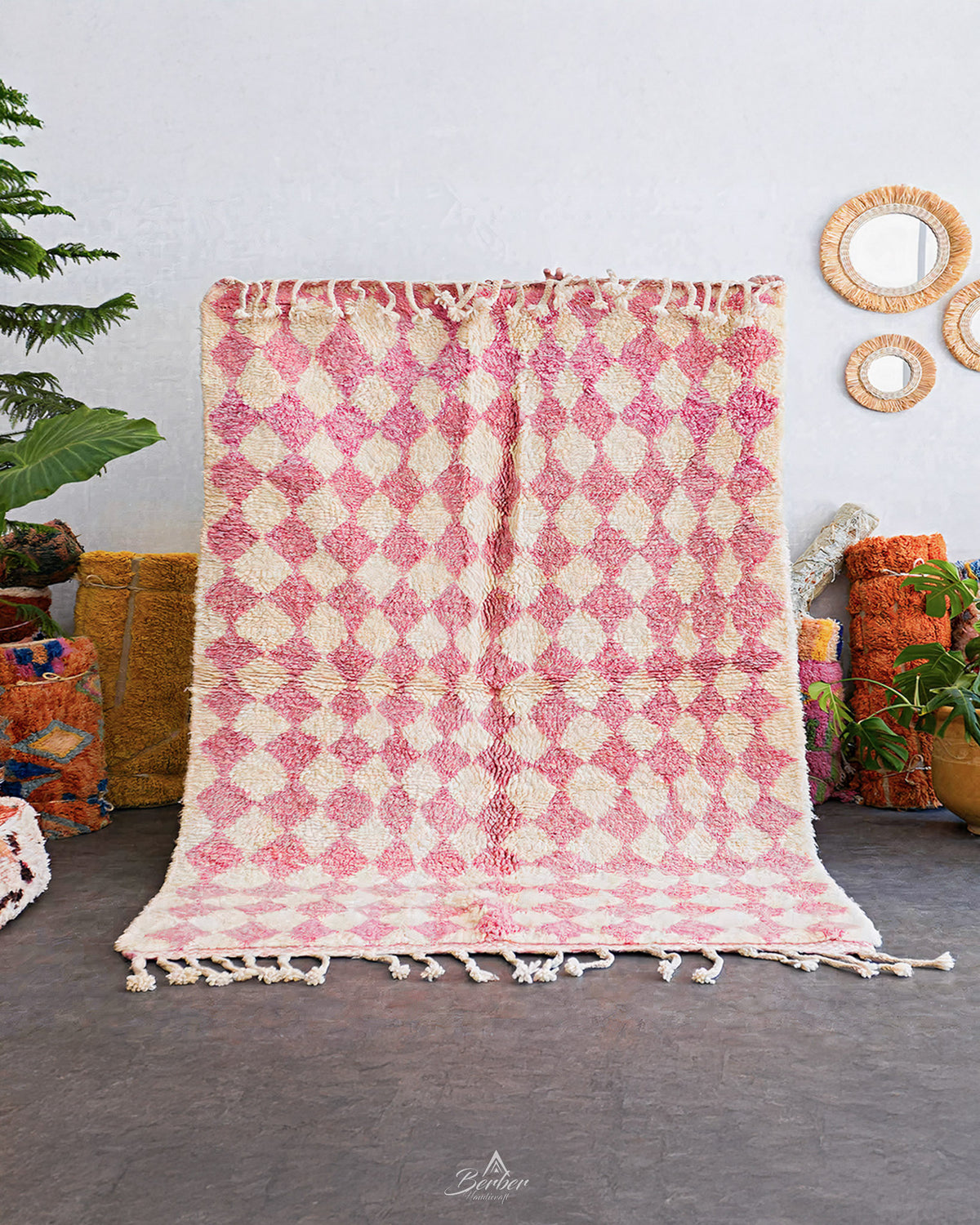 Pink Checkered Wool Rug 3 X 5 Ft | 90 X 150 Cm / With Tassels / Short (0.4” / 1 cm)