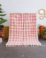 Pink Checkered Wool Rug 3 X 5 Ft | 90 X 150 Cm / With Tassels / Short (0.4” / 1 cm)