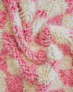 Pink Checkered Wool Rug 3 X 5 Ft | 90 X 150 Cm / With Tassels / Short (0.4” / 1 cm)