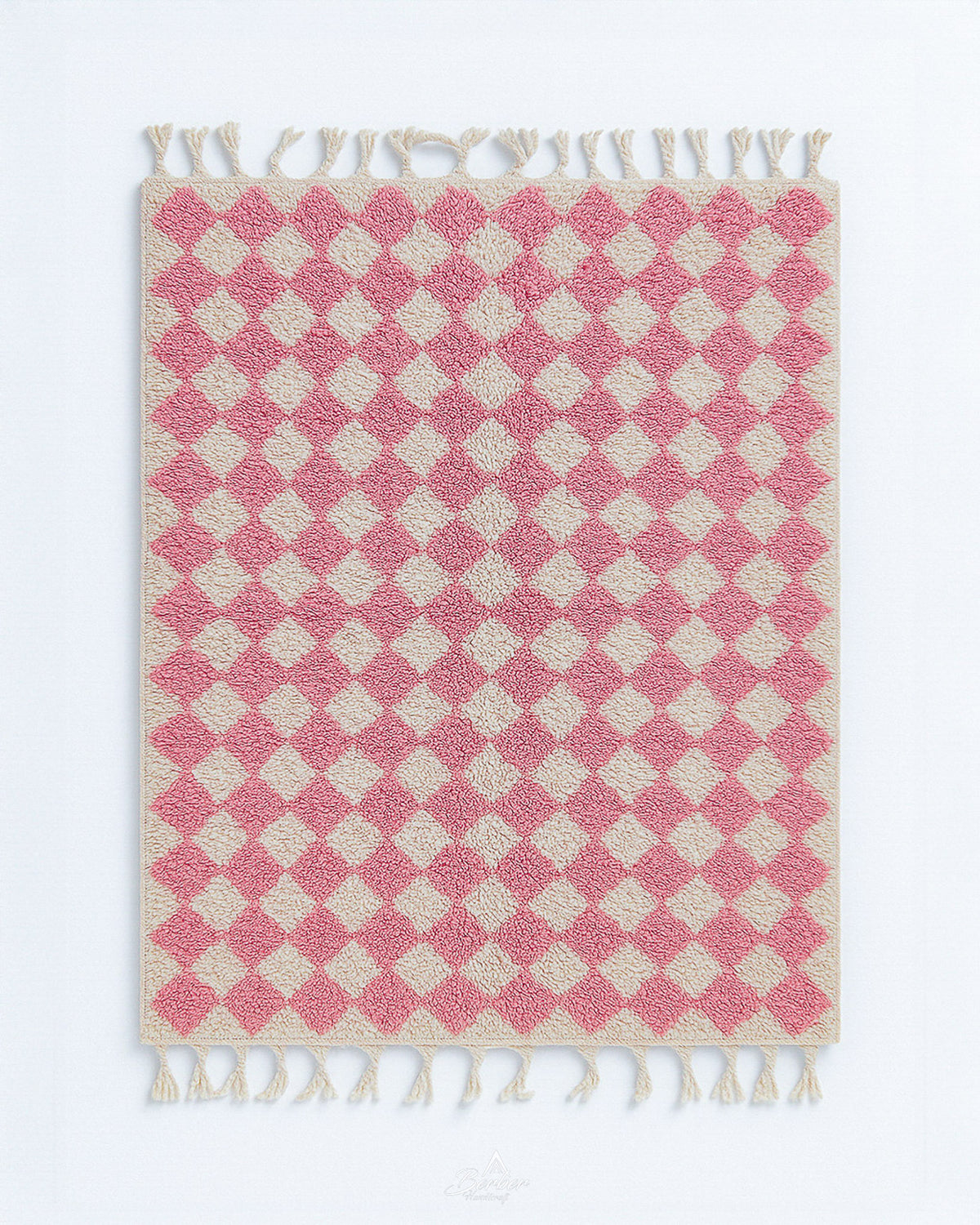 Pink Checkered Wool Rug 3 X 5 Ft | 90 X 150 Cm / With Tassels / Short (0.4” / 1 cm)