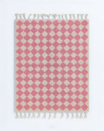 Pink Checkered Wool Rug 3 X 5 Ft | 90 X 150 Cm / With Tassels / Short (0.4” / 1 cm)