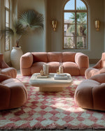 Pink Checkered Wool Rug 3 X 5 Ft | 90 X 150 Cm / With Tassels / Short (0.4” / 1 cm)