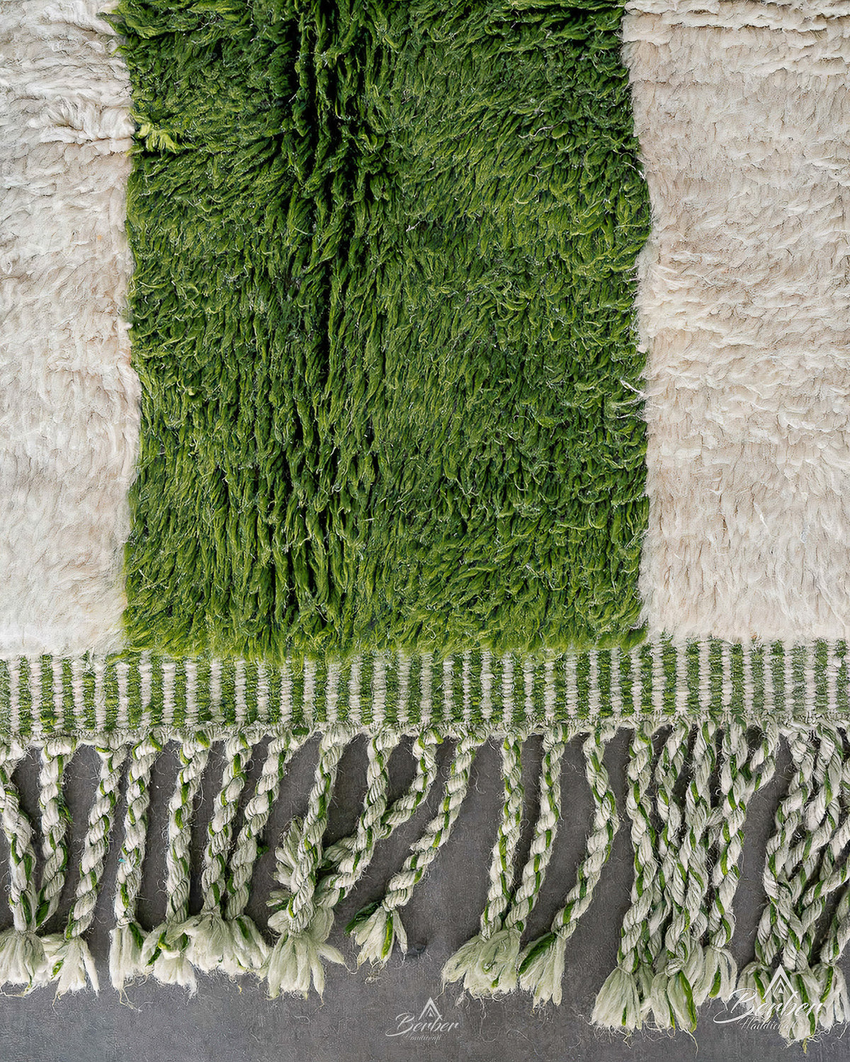 White Green Moroccan Rug 3 X 5 Ft | 90 X 150 Cm / With Tassels / Short (0.4” / 1 cm)