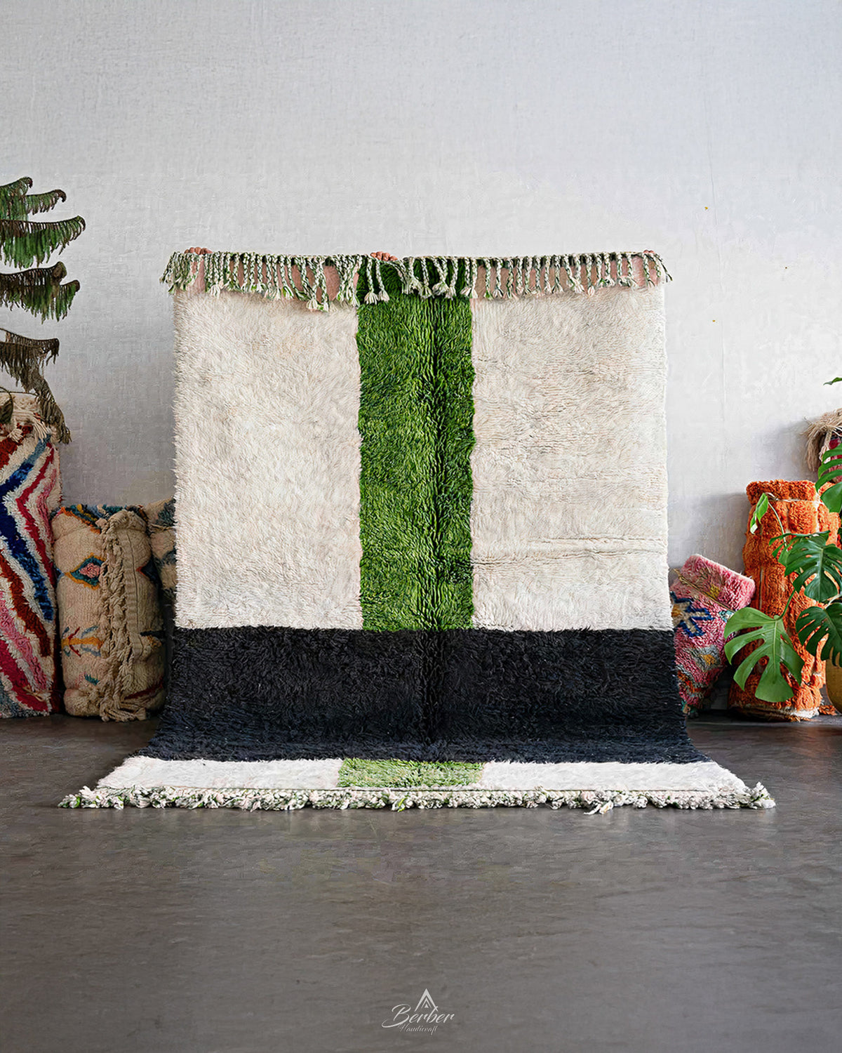 White Green Moroccan Rug 3 X 5 Ft | 90 X 150 Cm / With Tassels / Short (0.4” / 1 cm)