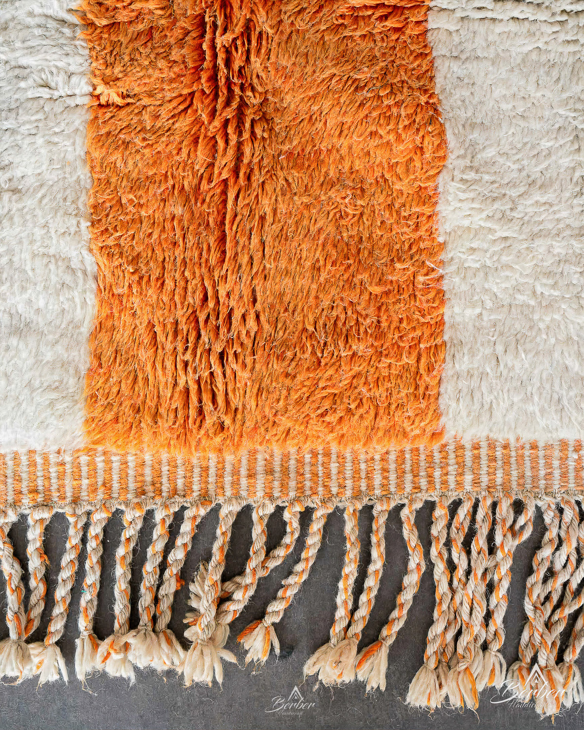 White Orange Moroccan Rug 3 X 5 Ft | 90 X 150 Cm / With Tassels / Short (0.4” / 1 cm)