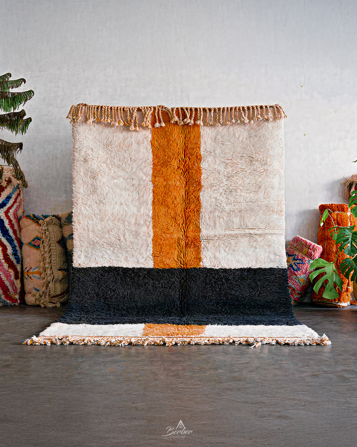 White Orange Moroccan Rug 3 X 5 Ft | 90 X 150 Cm / With Tassels / Short (0.4” / 1 cm)
