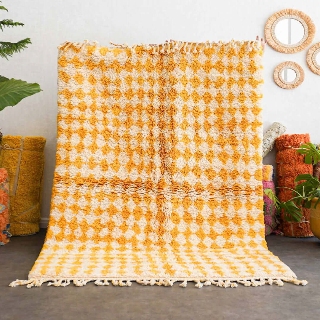 Moroccan checkered area rug! custom hand knotted rug, Moroccan Rug ,Orange Checkered orders rug