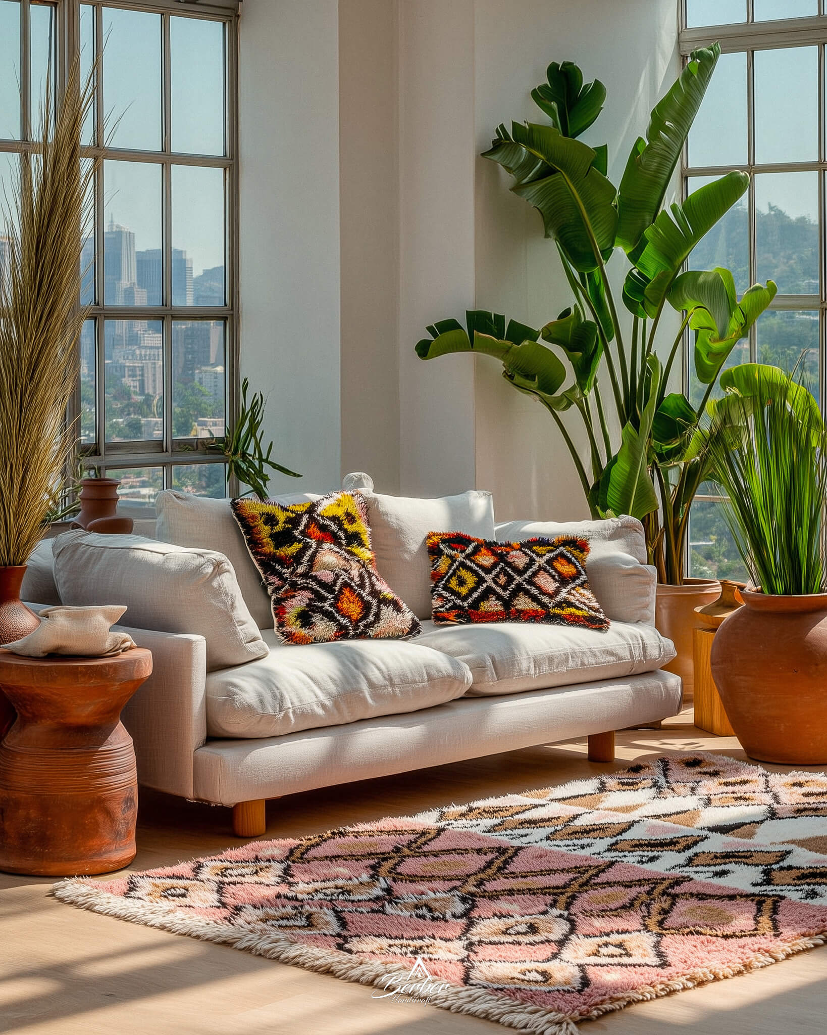Living room with a pink Moroccan rug, white sofa, patterned cushions, and large windows with city view.