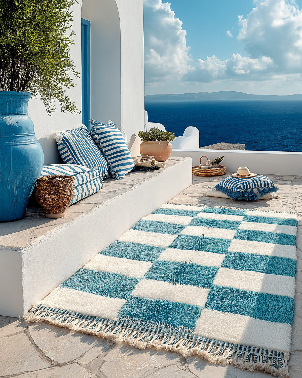 Blue Checkerboard Rug 3 X 5 Ft | 90 X 150 Cm / With Tassels / Short (0.4” / 1 cm)