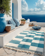 Blue Checkerboard Rug 3 X 5 Ft | 90 X 150 Cm / With Tassels / Short (0.4” / 1 cm)