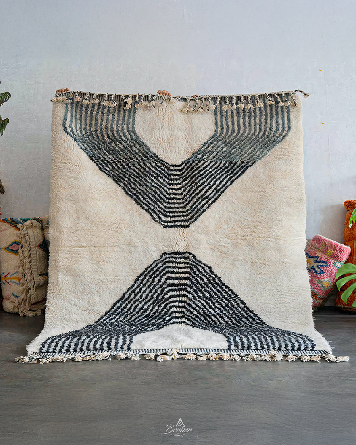 Beni Ourain Wool Rug 3 X 5 Ft | 90 X 150 Cm / With Tassels / Short (0.4” / 1 cm)
