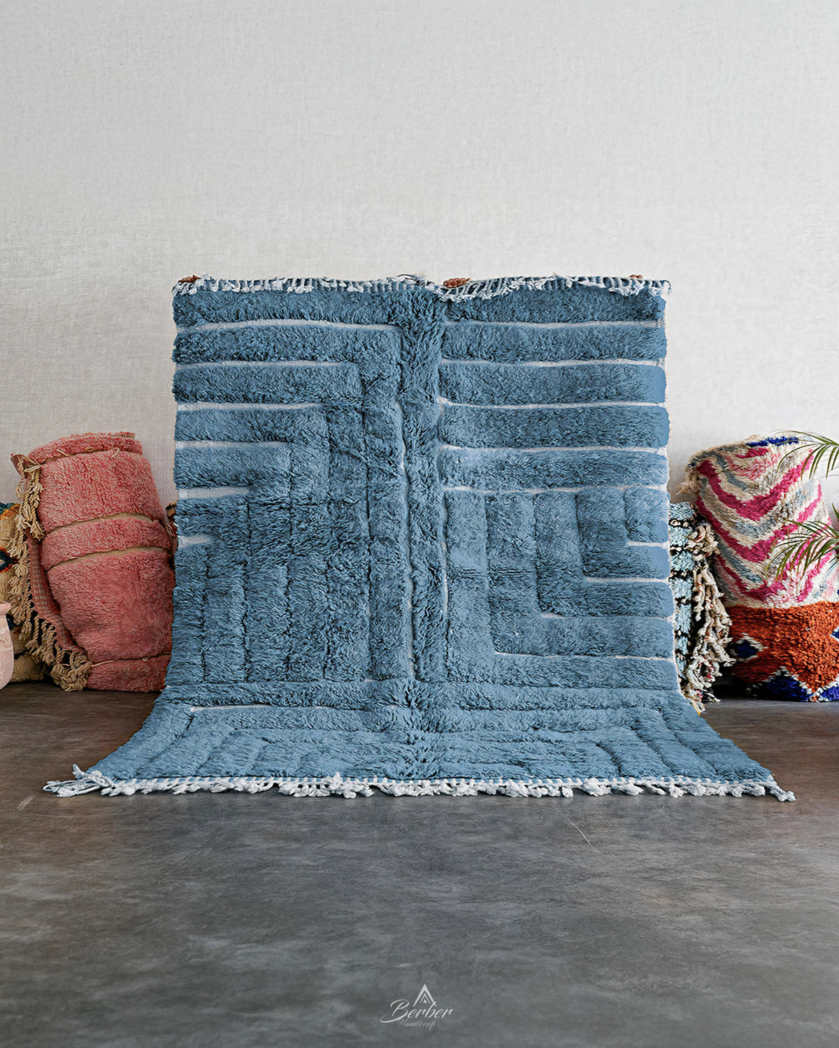 Blue Beni Ourain Carpet 3 X 5 Ft | 90 X 150 Cm / With Tassels / Short (0.4” / 1 cm)
