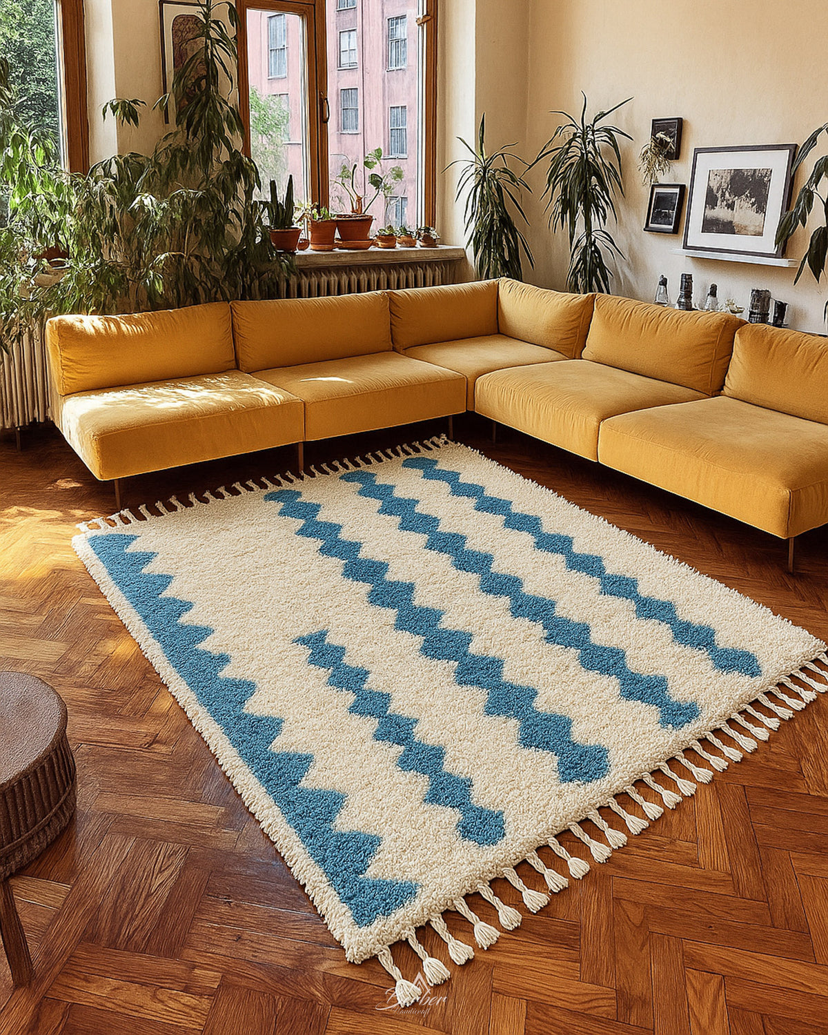 Blue White Azilal Rug 3 X 5 Ft | 90 X 150 Cm / With Tassels / Short (0.4” / 1 cm)