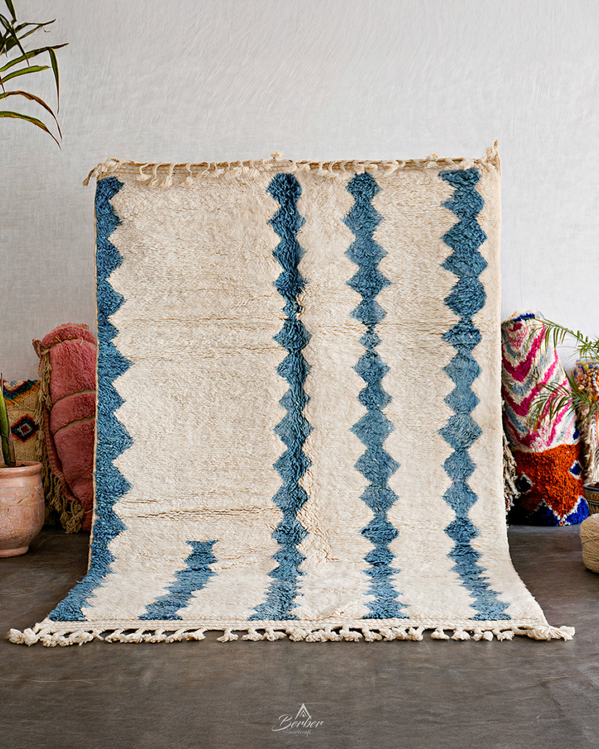 Blue White Azilal Rug 3 X 5 Ft | 90 X 150 Cm / With Tassels / Short (0.4” / 1 cm)