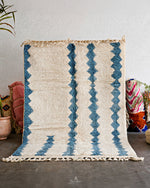 Blue White Azilal Rug 3 X 5 Ft | 90 X 150 Cm / With Tassels / Short (0.4” / 1 cm)