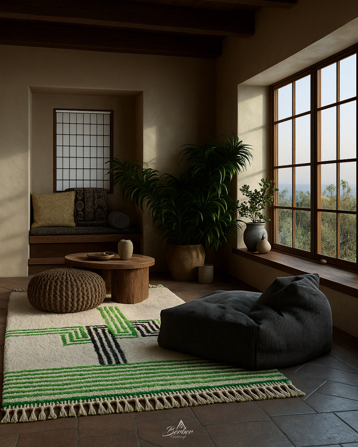 Bohemian Green Rug 3 X 5 Ft | 90 X 150 Cm / With Tassels / Short (0.4” / 1 cm)