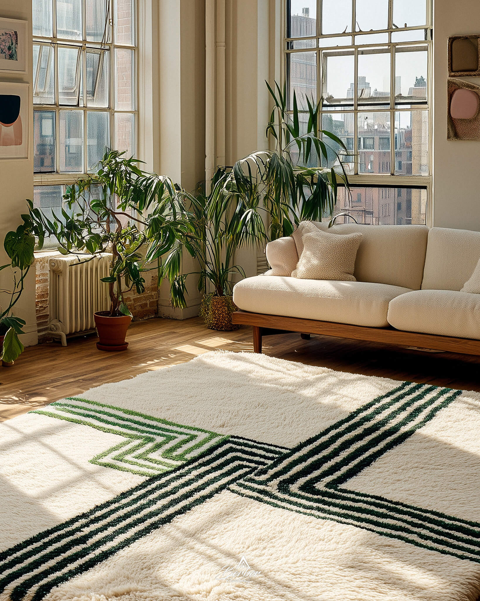 Living room with a striped green and ivory wool rug, white sofa, and large windows.