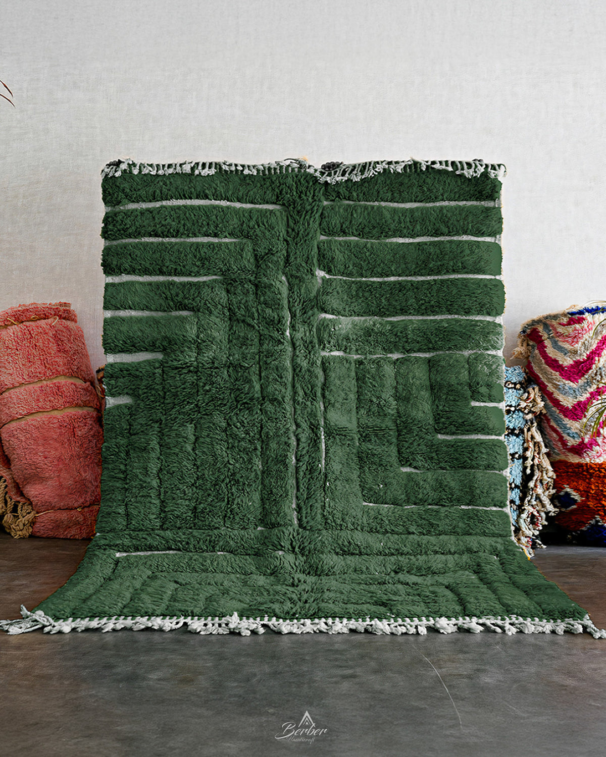 Green Berber Carpet 3 X 5 Ft | 90 X 150 Cm / With Tassels / Short (0.4” / 1 cm)