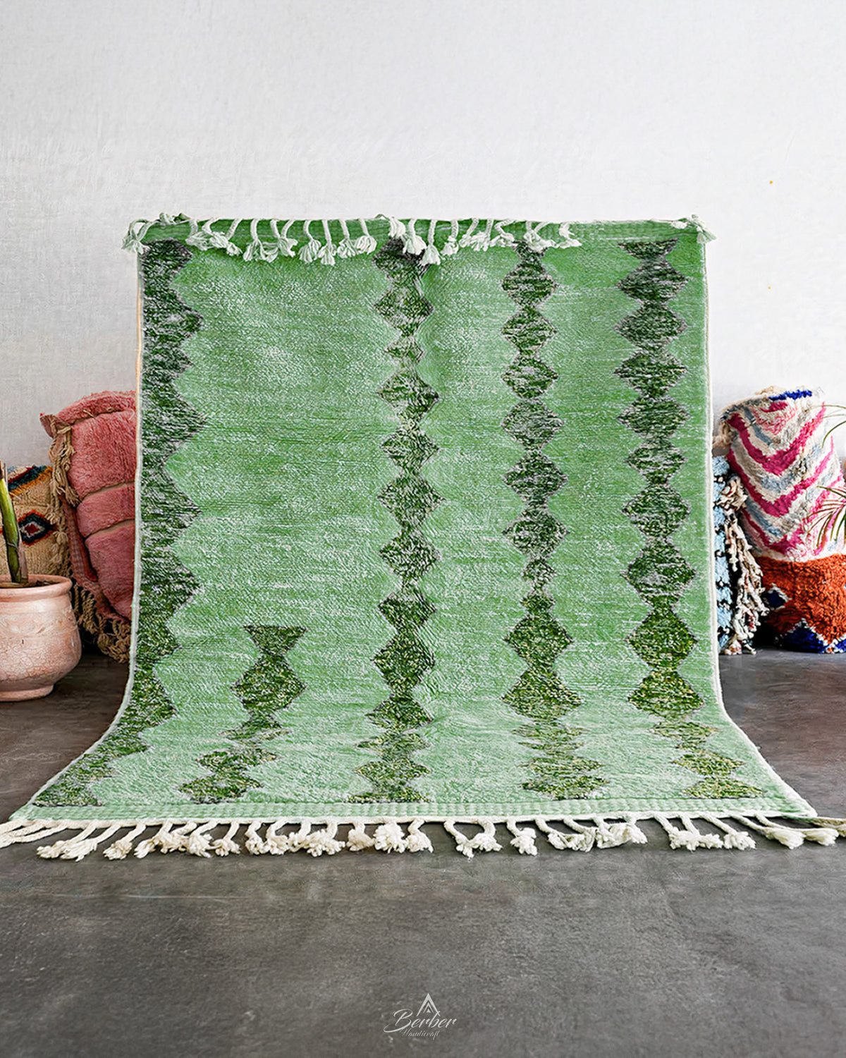 Green Boujaad Carpet 3 X 5 Ft | 90 X 150 Cm / With Tassels / Short (0.4” / 1 cm)