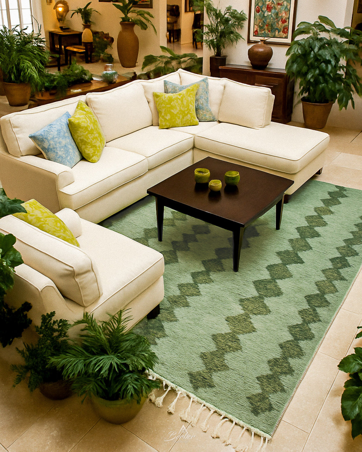 Green Boujaad Carpet 3 X 5 Ft | 90 X 150 Cm / With Tassels / Short (0.4” / 1 cm)