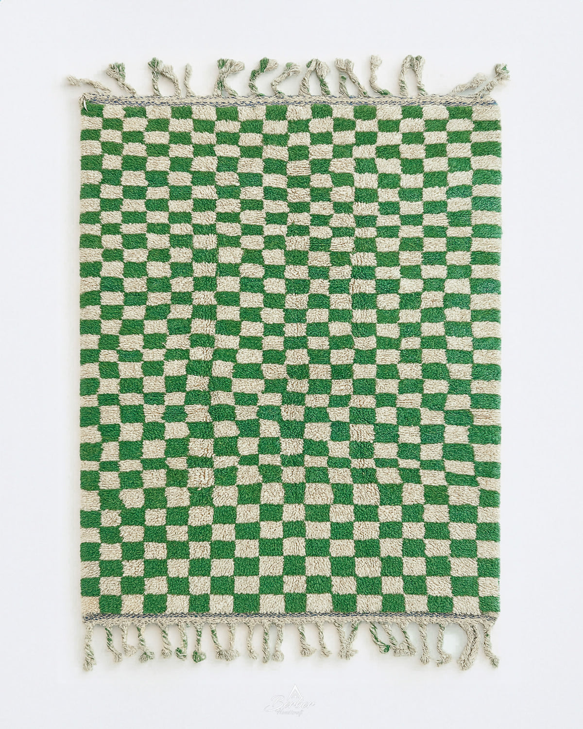 Green Checkered Rug 3 X 5 Ft | 90 X 150 Cm / With Tassels / Short (0.4” / 1 cm)