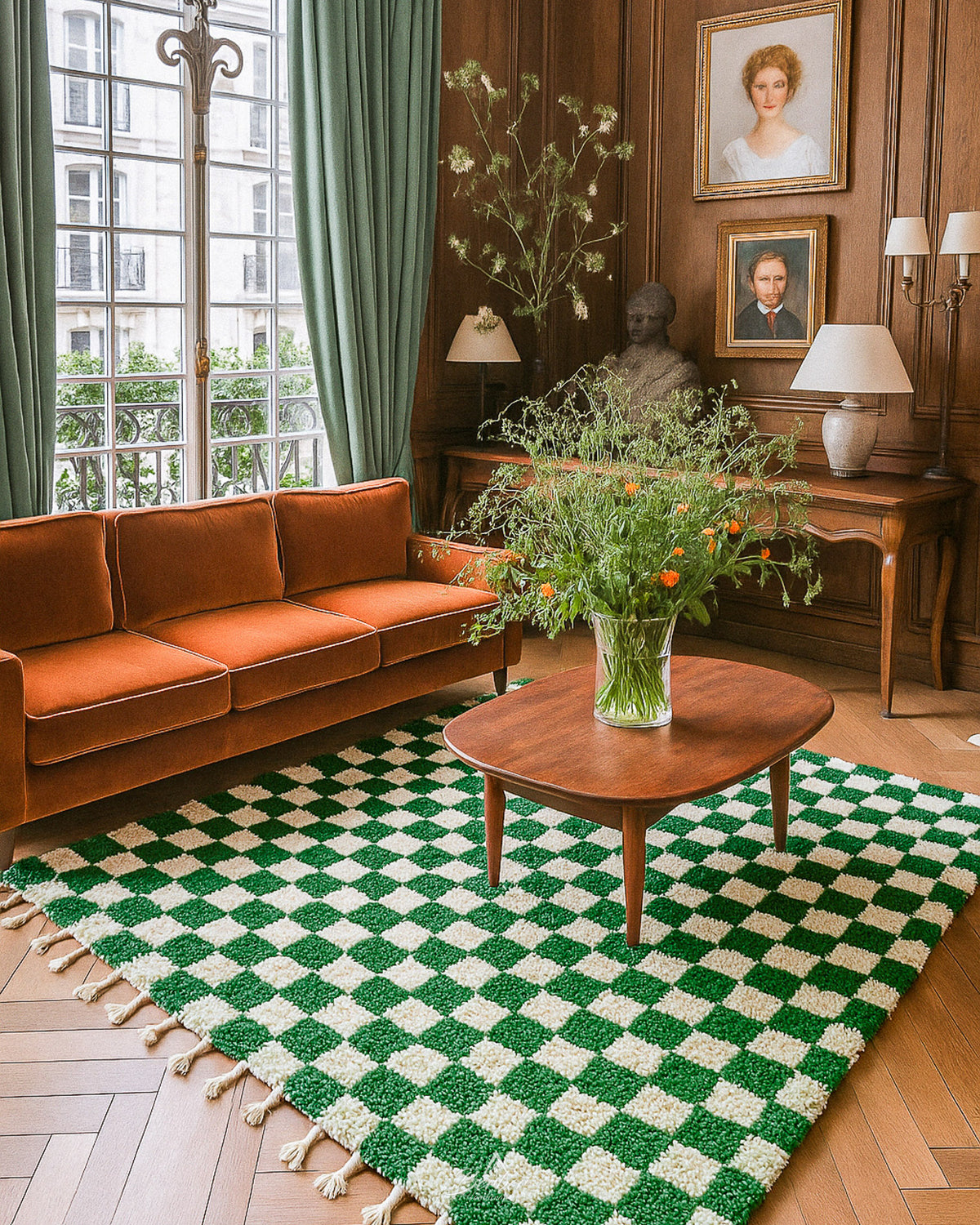 Green Checkered Rug 3 X 5 Ft | 90 X 150 Cm / With Tassels / Short (0.4” / 1 cm)